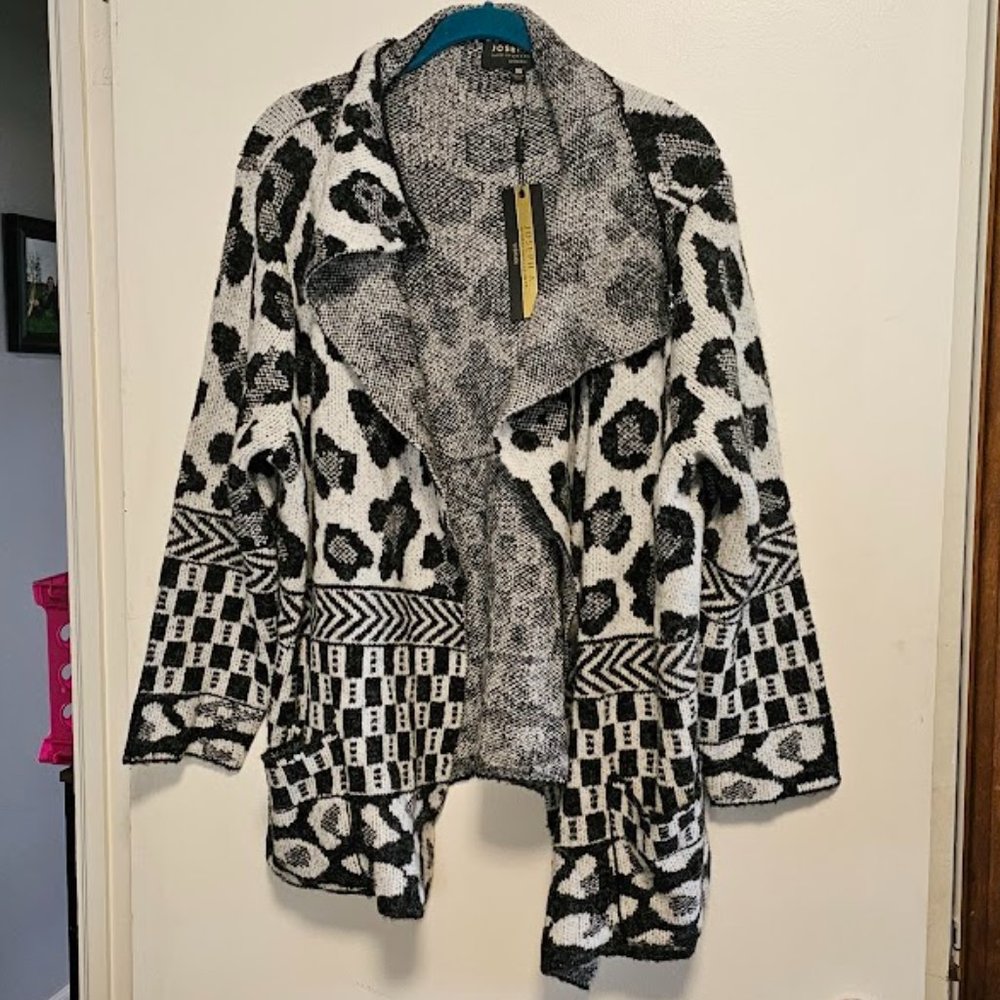 Joseph A Leopard Print Open Front Poncho Wrap Cardigan Sweater Size 1X Black NWT